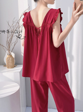 高级感红色露背系带睡衣女夏季带胸垫可外穿家居服防凸点棉绸套装