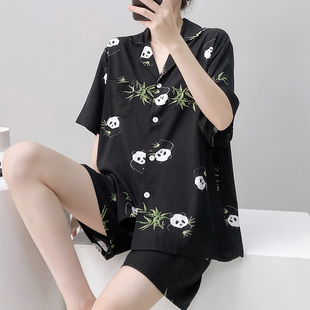 短袖 家居服熊猫印花可外穿薄款 棉绸睡衣女夏季 短裤 人棉套装 加大码