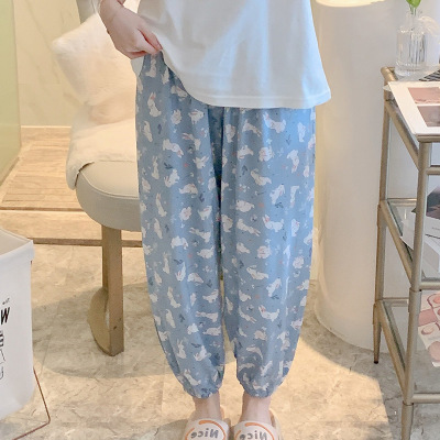 taobao agent Cotton and silk pajamas Women's summer thin size large -size artificial cotton trousers can wear printed long pants beach pants loose