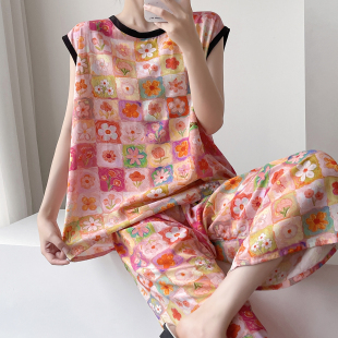 2026新款女士夏季无袖花卉印花可外穿家居服套装棉质睡衣两件套薄