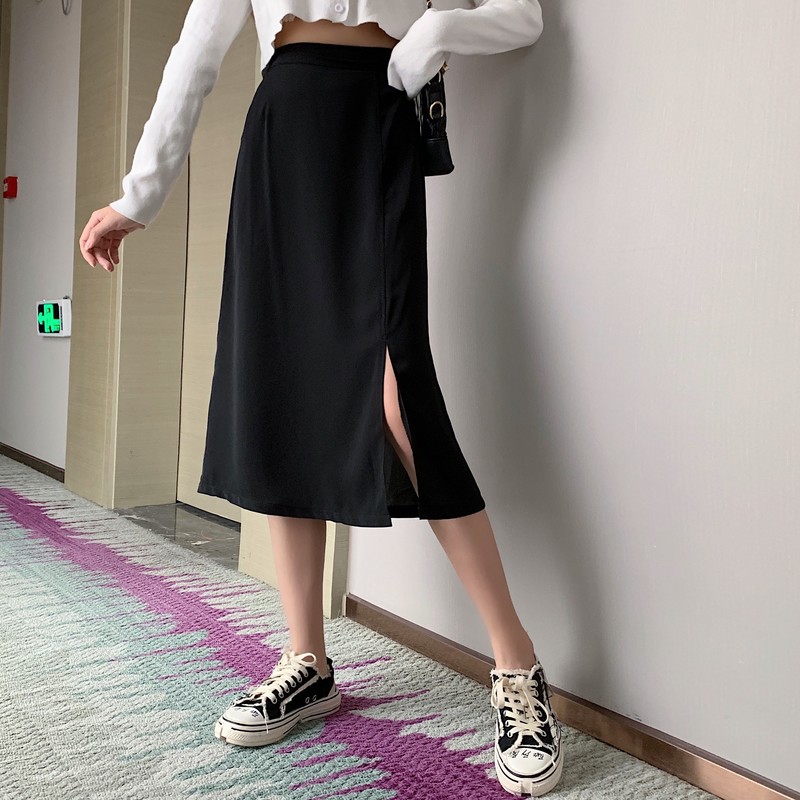 實拍實價半身裙女夏高腰a字一步中長款裙子純色開叉包臀裙