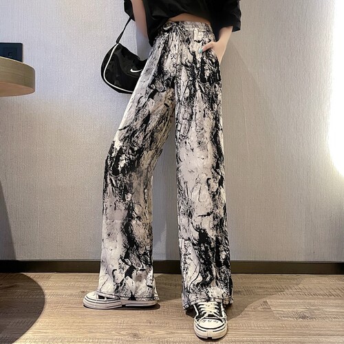 Real price thin Korean loose personality straight tie dyed wide leg pants high waist casual pants