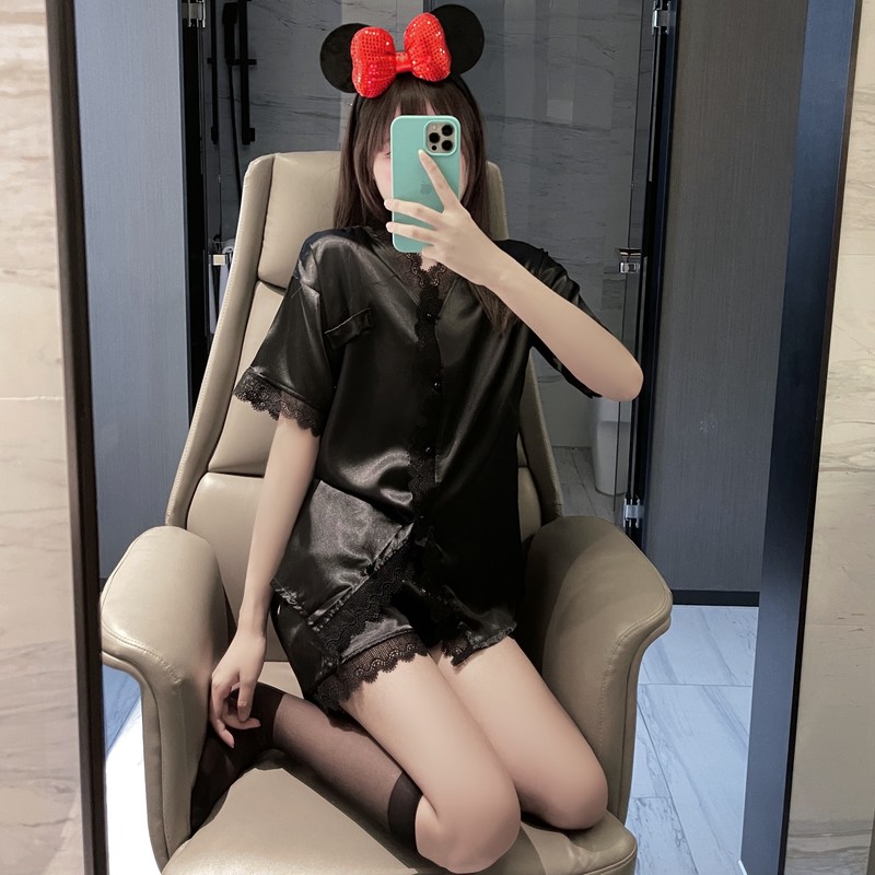 Real shooting real price sexy lace pajamas home set simulation lace edge V-neck ice pajamas woman
