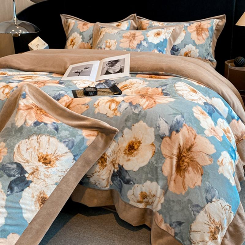 加厚轻奢四件套牛奶绒冬季珊瑚绒被套双面加绒床单毛绒床笠大花朵