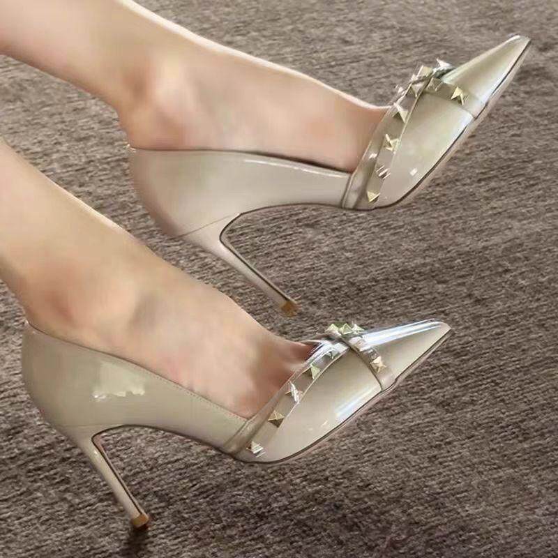 2025年春秋季新款铆钉裸色高跟鞋女尖头浅口细跟法式气质职业单鞋,女鞋,浅口单鞋,淘宝优惠券,粉丝福利购,淘宝优惠卷