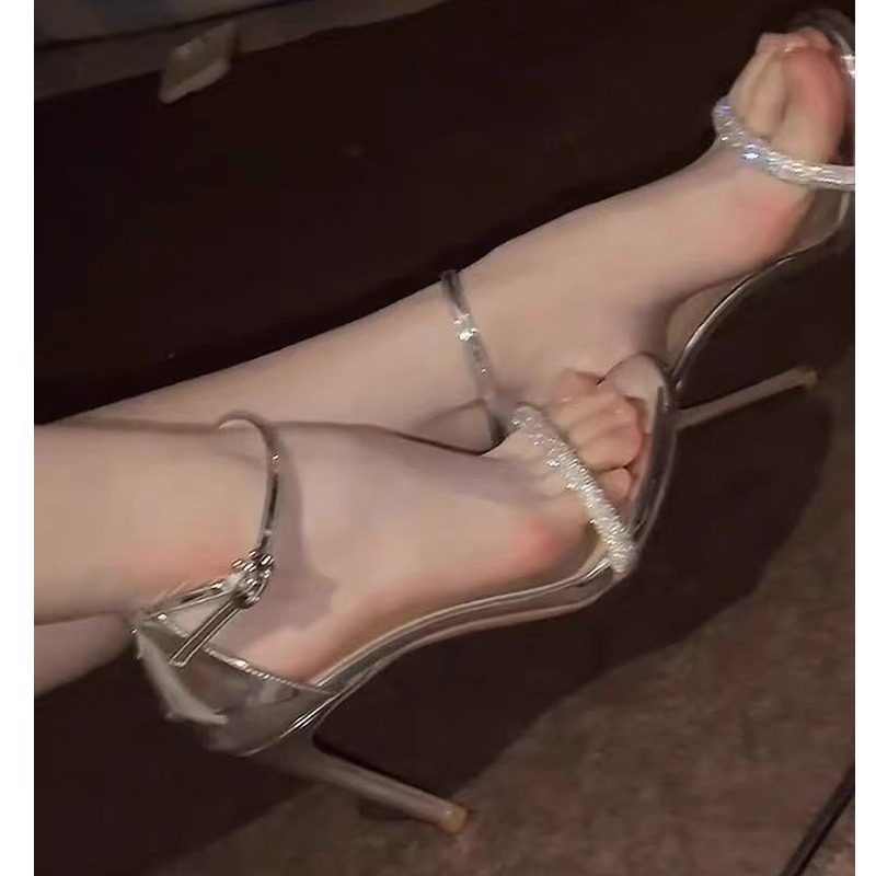 银色一字带露趾凉鞋女2025年新款细跟水钻设计感仙女风配裙高跟鞋,女鞋,时装凉鞋,淘宝优惠券,粉丝福利购,淘宝优惠卷