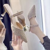 半拖高跟鞋 女夏外穿ins潮 仙女风拖鞋 气质2024年新款 水钻两穿凉鞋
