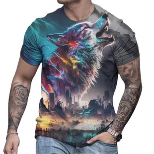 高街风霸气狼印花3D短袖T恤男潮流个性圆领上衣狼头图案街头风