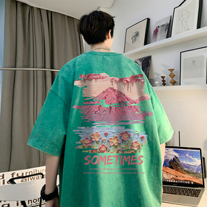 数据超好重磅抖音品质美式复古蜡染水洗做旧宽松短袖t恤T962P38,超瘦男生衣服搭配图片欣赏图片