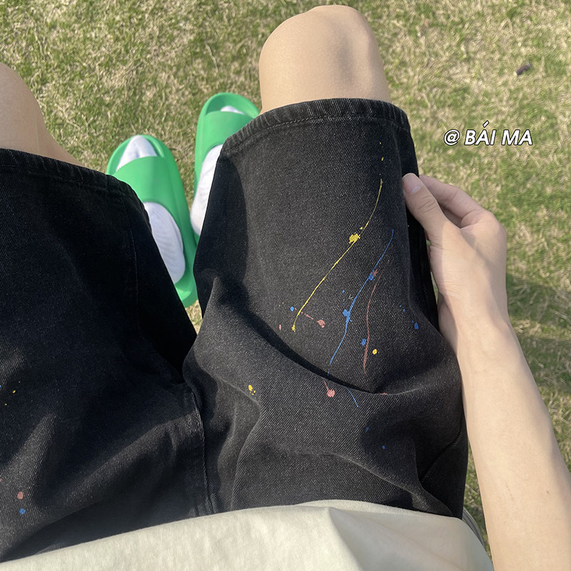 油漆点泼墨美式高街ins潮牌宽松水洗牛仔短裤做旧五分裤K3231P50,男装牛仔裤,电商A486