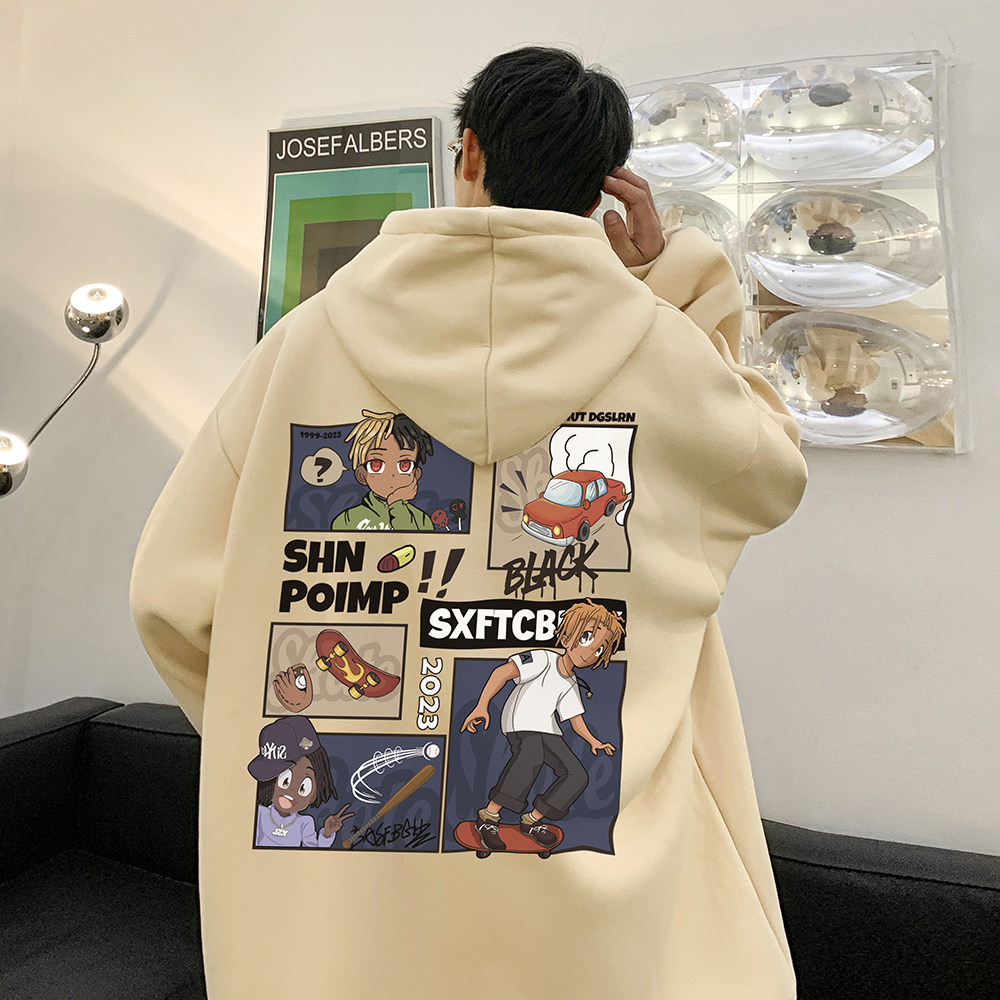 现货！重磅华棉2023秋装美式嘻哈连帽印花潮流卫衣W529-P55,男装卫衣,电商A486