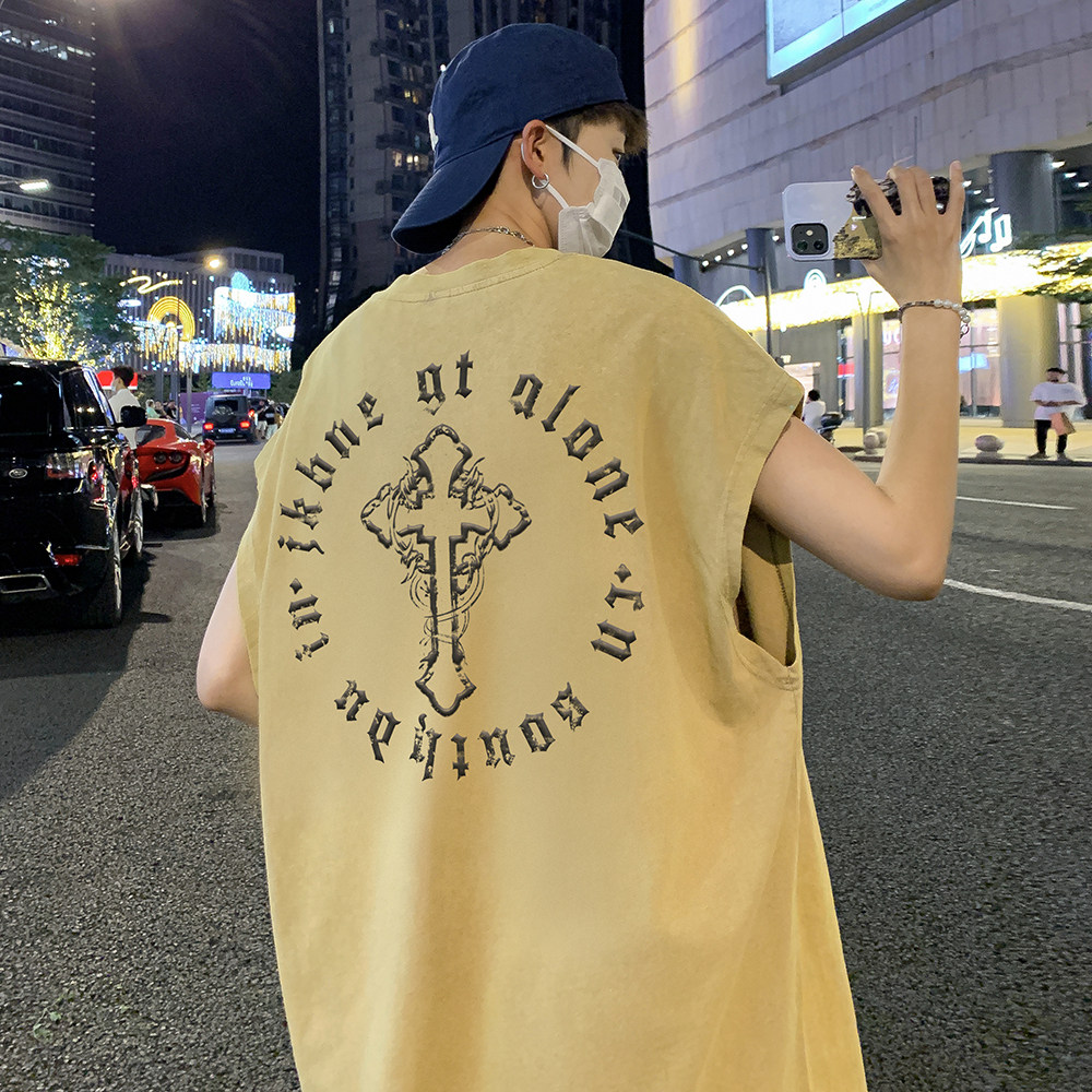 抖音品质 数据超好 美式暗黑水洗做旧潮牌无袖t恤背心 BX655-P35图片
