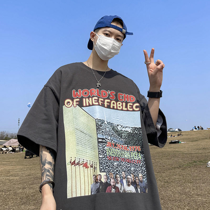 220克纯棉直播有重磅280G双纱美式潮牌卡通宽松短袖t恤T703-P25,男装T恤,电商A486