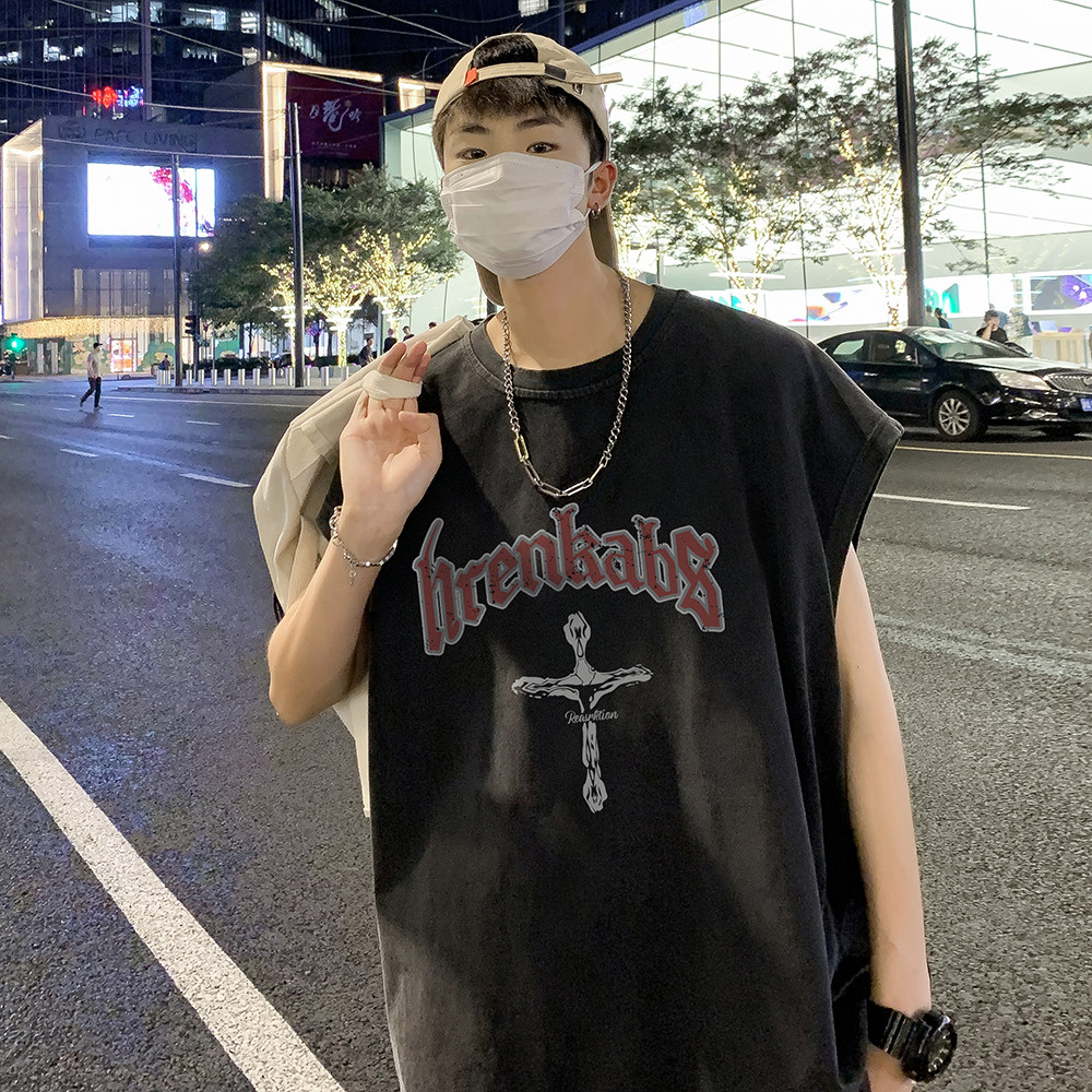 2023夏装新款美式暗黑水洗做旧潮牌无袖t恤背心BX668-P35,男装T恤,电商A486