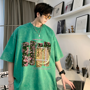数据超好 重磅抖音品质 美式复古蜡染水洗做旧宽松短袖t恤T966P38图片