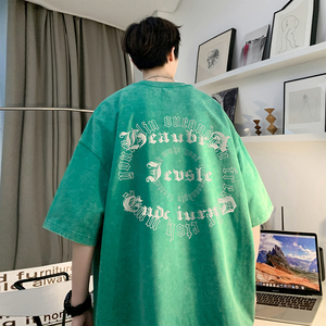 数据超好 重磅抖音品质 美式复古蜡染水洗做旧宽松短袖t恤T977P38图片