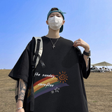 彩虹短袖t恤男夏季宽松圆领小领口oversize重磅潮牌潮流情侣半袖，男装T恤，电商A486