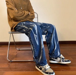 美式潮牌ins高街宽松直筒水洗牛仔裤男阔腿拖地扎染长裤 K202-P50图片