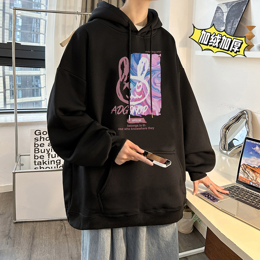 兔年系列冬装加绒加厚潮牌卡通宽松连帽印花卫衣外套W707-P50,男装卫衣,电商A486