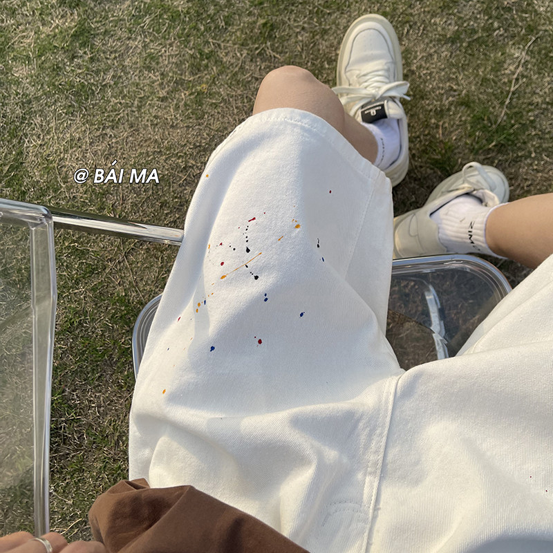 油漆点泼墨美式高街ins潮牌宽松水洗牛仔短裤做旧五分裤K3231P50,男装牛仔裤,电商A486