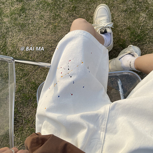 油漆点泼墨美式高街ins潮牌宽松水洗牛仔短裤做旧五分裤K3231P50