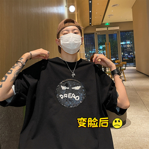 抖音 变脸珠片工艺 280克重磅美式潮牌宽松短袖t恤T782-P40图片