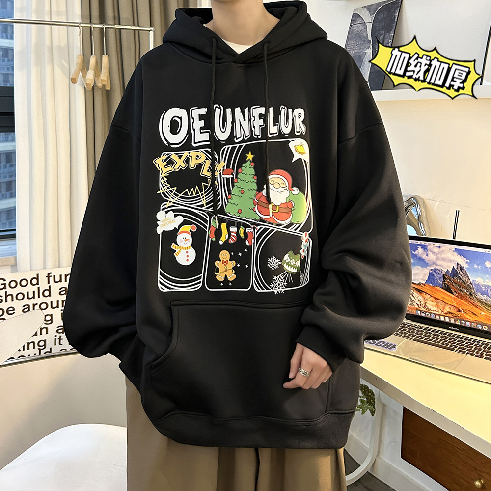 圣诞系列冬装加绒加厚潮牌卡通宽松连帽印花卫衣外套W666-P50,男装卫衣,电商A486