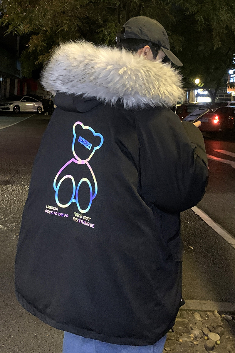 冬装新款韩版印花小熊棉衣外套加厚带毛领连帽棉服Y862-P128,男装棉衣,电商A486