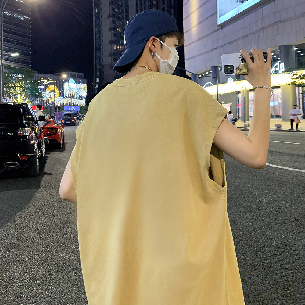 抖音品质数据超好美式暗黑水洗做旧潮牌无袖t恤背心BX670-P35,男装T恤,电商A486