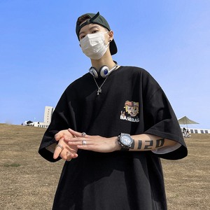 220克纯棉 直播有重磅280G双纱 美式潮牌卡通宽松短袖t恤T698-P25图片