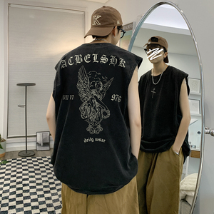 抖音品质 数据超好 美式暗黑水洗做旧潮牌无袖t恤背心 BX672-P35图片