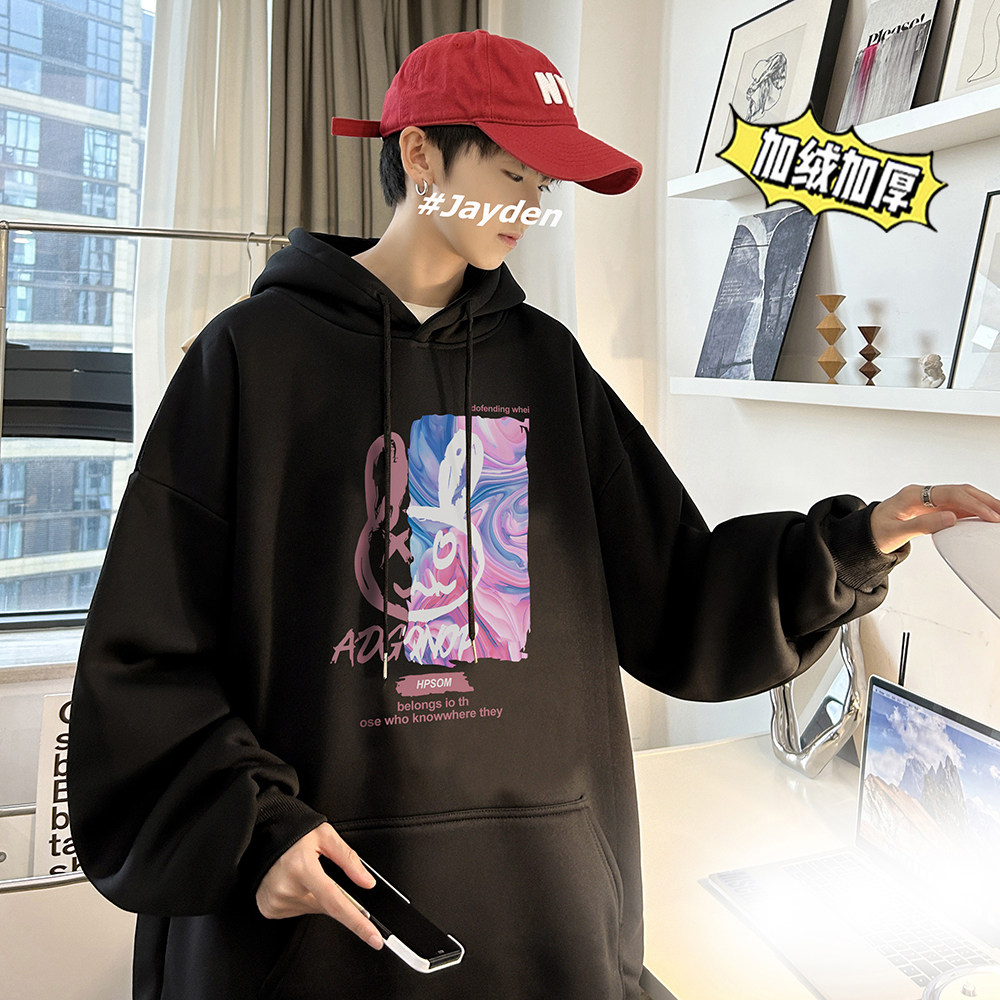 兔年系列冬装加绒加厚潮牌卡通宽松连帽印花卫衣外套W707-P50,男装卫衣,电商A486
