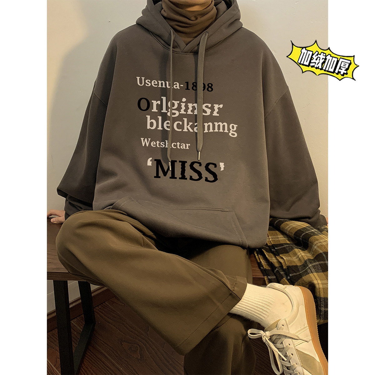 500g重磅冬装加绒加厚潮牌美式宽松连帽印花卫衣外套W637-P50,男装卫衣,电商A486