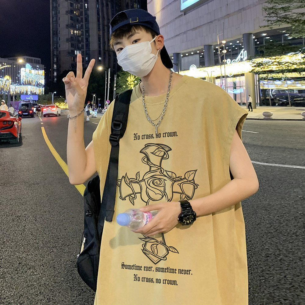 抖音品质数据超好美式暗黑水洗做旧潮牌无袖t恤背心BX660-P35,男装T恤,电商A486