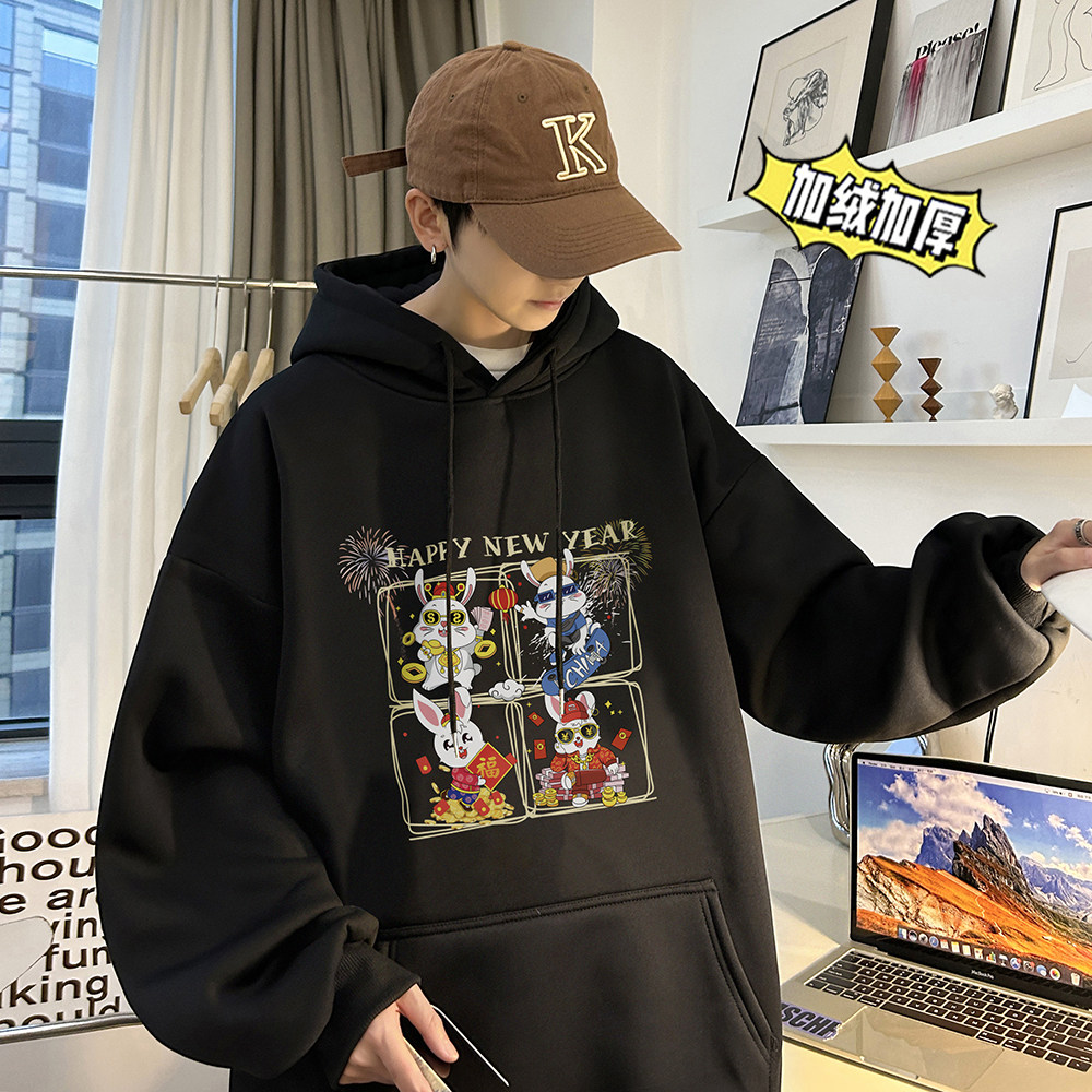 兔年系列冬装加绒加厚潮牌卡通宽松连帽印花卫衣外套W687-P50,男装卫衣,电商A486