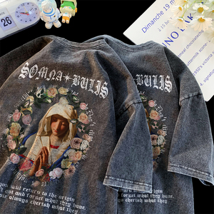 重磅纯棉 抖音品质 美式复古卡通蜡染水洗做旧宽松t恤D177短袖P35图片