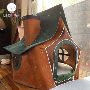 「Lazy Pet」韩国直邮宠物猫咪天然皮革铆钉门窗烟囱小房子猫窝