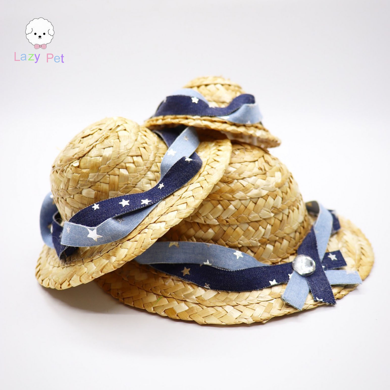 「Lazy Pet」韩国代购宠物帽子猫狗手工星星印花牛仔布编织草帽