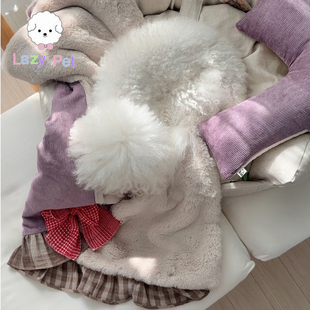灯芯绒蝴蝶结格纹荷叶边毛毯枕头 宠物冬季 「Lazy Pet」韩国代购