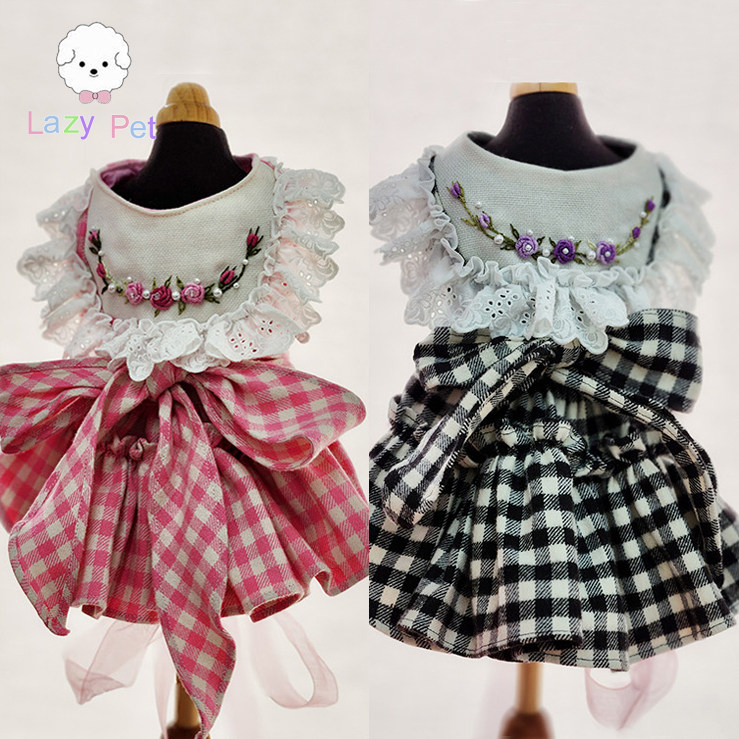 「Lazy Pet」韩国代购disongbeni宠物花朵蕾丝荷叶边格纹连衣裙