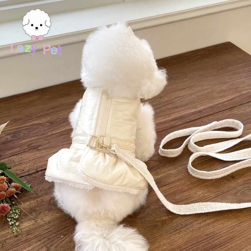 韩代宠物冬加绒可牵引珠光连衣裙