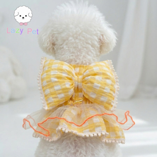 「Lazy 宠物手工可牵引黄格子蝴蝶结网纱花边连衣裙 Pet」韩国代购