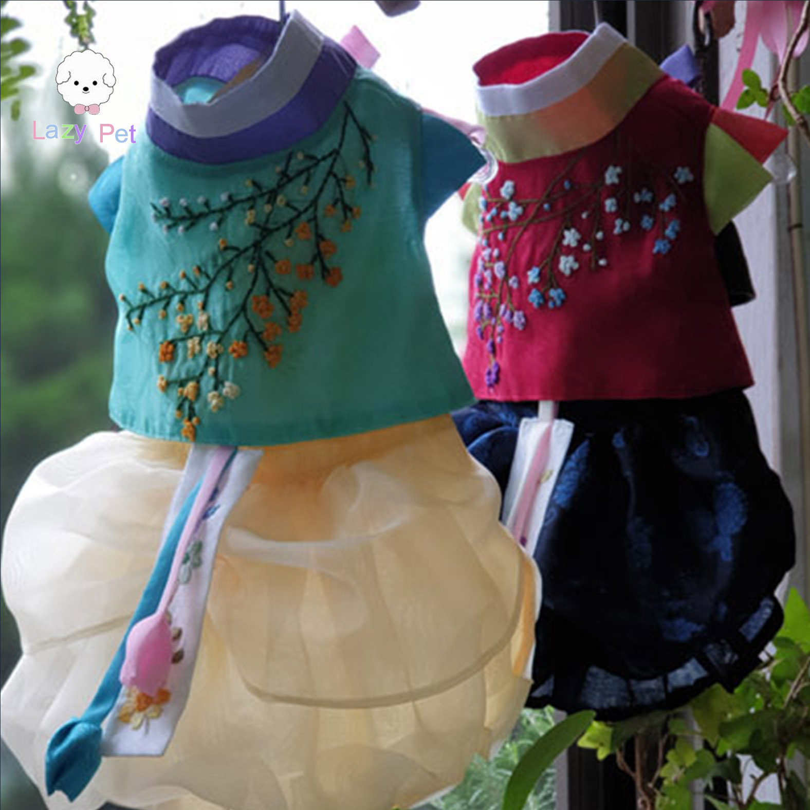 韩国手工宠物梅花刺绣韩服连衣裙