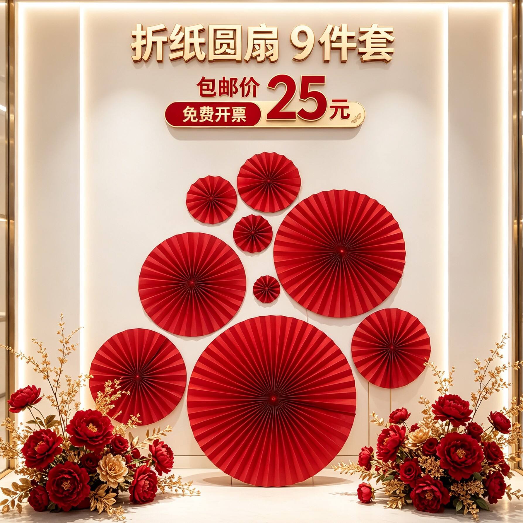 新中式折纸扇红色扇花大圆形中国风婚礼布置新年商场橱窗背景装饰