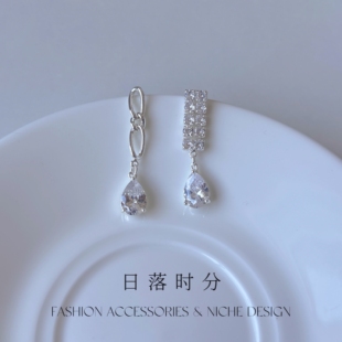 【天使之泪】微镶锆石银色不对称链条耳环冷淡风无耳洞蚊香盘耳夹