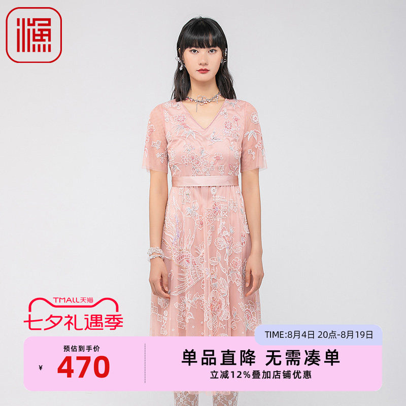 渔牌夏季修身蕾丝绣花连衣裙