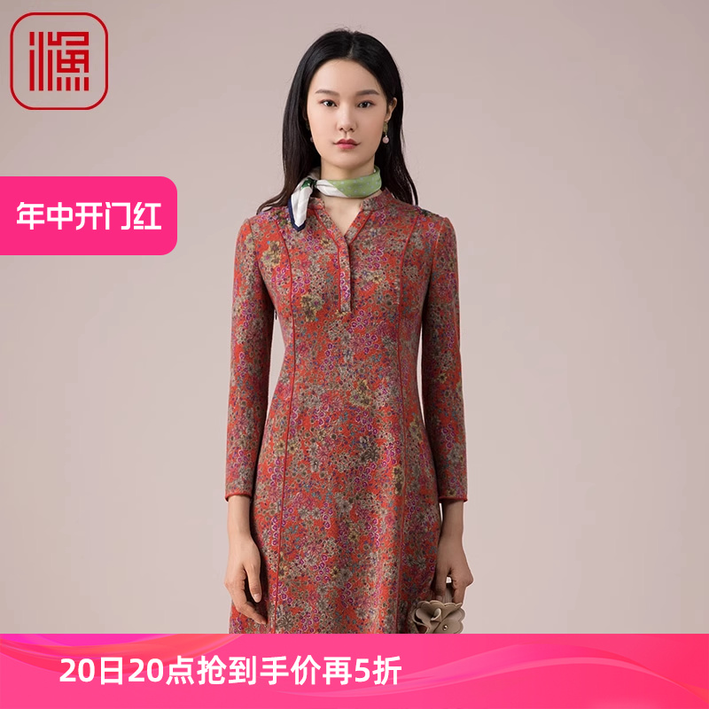 渔牌服饰秋款连衣裙2022新款针织印花中款休闲弹力裙子女FGEC0023