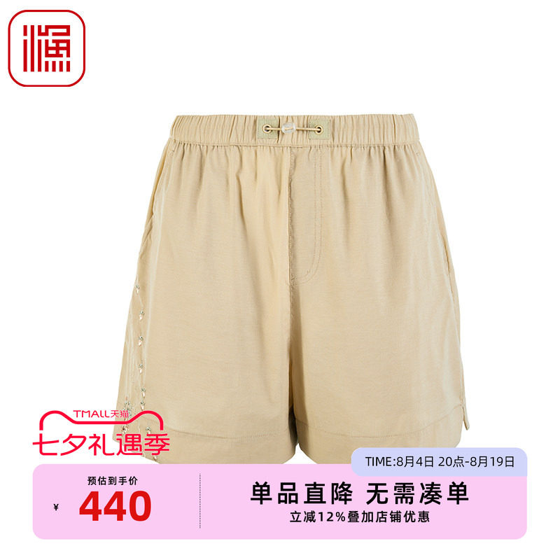 渔牌女装短裤女2025新款春夏弹力腰新中式绣花休闲短裤FGHAT010B