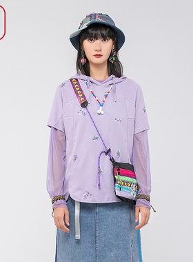 渔牌女装卫衣女款2024新款春夏刺绣花棉短袖连帽休闲上衣FGGA2509