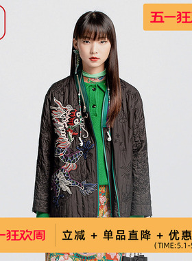 渔牌女装棉服女2024年新款秋冬季国潮龙绣花V领棉衣外套FGGD4026